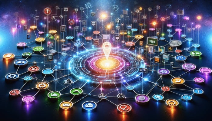 A vibrant digital landscape showing SEO, social media, content marketing, and email campaigns converging to a central icon of internet marketing success.