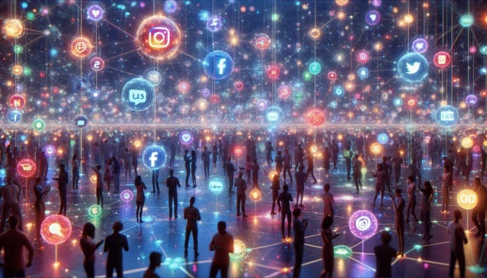 Interconnected social media icons glowing amidst users engaging in real-time, fostering community and brand loyalty.