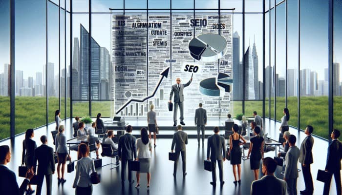 SEO is Dead: A digital marketing agency office with an ominous algorithm chart, salesman pitching expensive SEO courses to entrepreneurs.