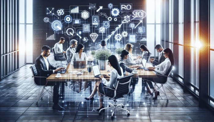 Entrepreneurs and SMEs using digital devices in a modern office, implementing SEO strategies with rising website rankings.