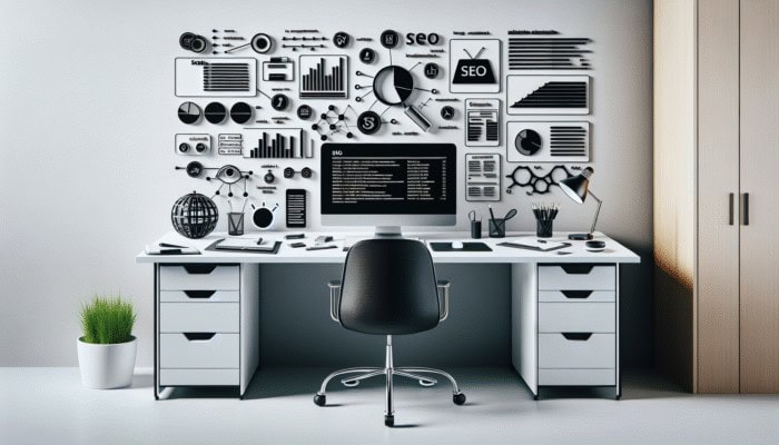 A minimalist desk with a computer showing SEO analytics, tools like Yoast and Google Keyword Planner, focusing on content creation and link building.