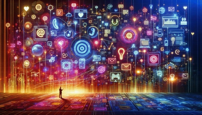 Digital Ad: A vibrant digital landscape with interconnected social media, search engines, and mobile apps, symbolizing targeted advertising strategies.