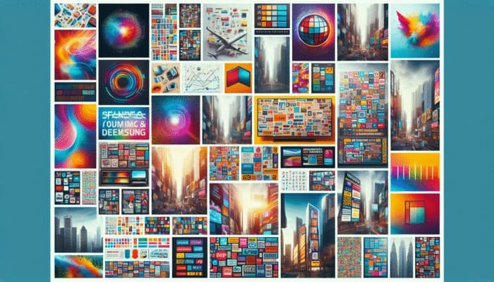 A vibrant collage of advertisements with bold text, colorful graphics, and product images against a cityscape.