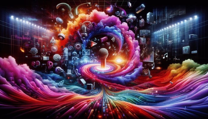 Digital Media and Marketing: A vibrant digital landscape with interactive social platforms, immersive podcasts, and dynamic videos enhancing community and brand loyalty.