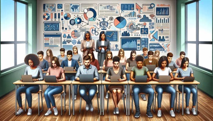 Diverse students analyzing digital content in a classroom, guided by a teacher, with infographics on misinformation and credible sources.