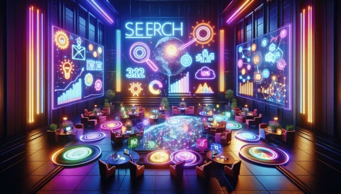 A futuristic neon-lit digital marketing hub with SEO, SEM, and content marketing symbols and glowing search results.