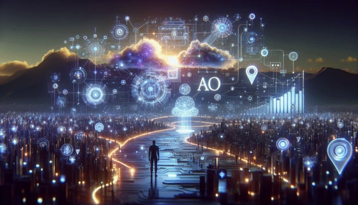 A futuristic digital landscape with AI enhancing SEO through glowing data streams and interconnected nodes.