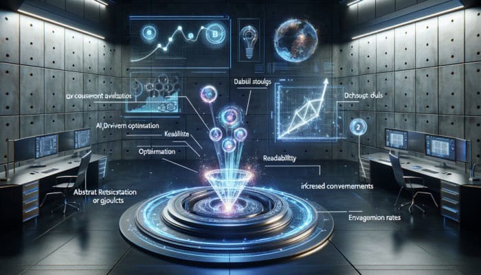 A futuristic workspace with AI-driven SEO analytics on a screen, surrounded by tools analyzing content for optimization and engagement.