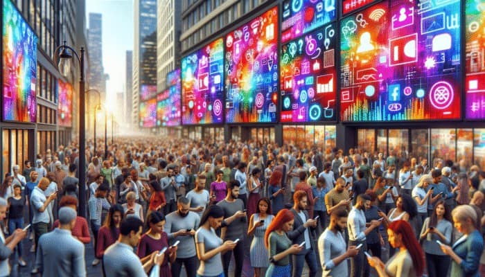 Local SEO Companies: A busy city street with digital billboards showing a local business's SEO-optimized website, attracting smartphone-using customers.