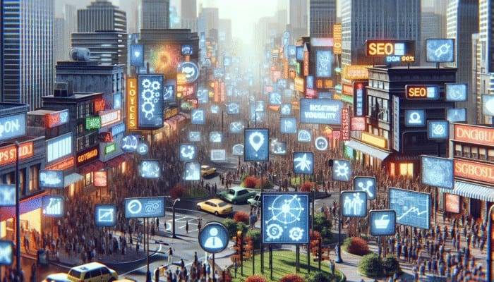 A bustling cityscape showcasing local businesses using digital SEO tools for enhanced visibility and engagement.