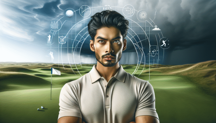 Understanding Mental Toughness in Golf: A golfer demonstrating mental resilience on a challenging course with unpredictable weather.