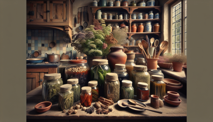 How to Ferment Herbs for Health: Assorted fermented herbs in jars, vibrant colors and textures, rustic UK kitchen backdrop, symbolising health and tradition.