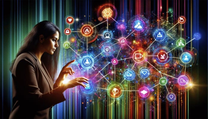 Certified Digital Marketer: A digital marketer analyzing a vibrant customer journey map with diverse audience segments and digital channels.