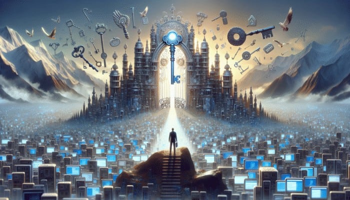 A digital kingdom with an 'SEO' key unlocking its gates, a marketer on the first page amidst internet chaos.