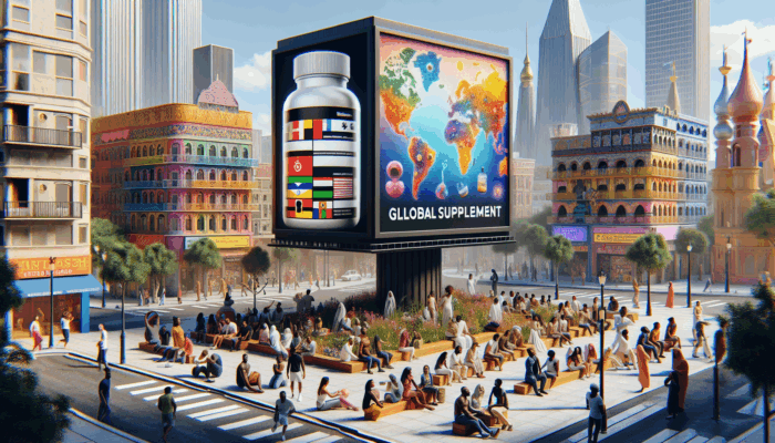 The Growing Role of Humour in Supplement Ads: A colourful global billboard with humorous supplement ads, showing diverse people laughing and engaging in a vibrant cityscape.