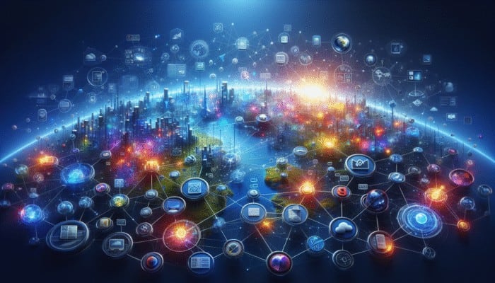 Digital and Content Marketing: A vibrant digital landscape illustrating SEO, social media, email campaigns, and online ads connectivity.