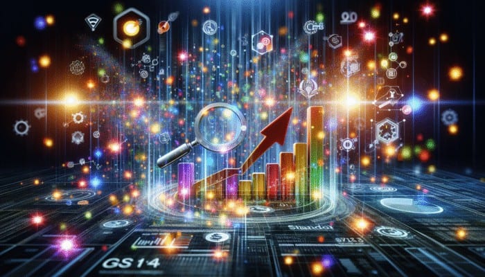 A digital marketing dashboard showing SEO analytics, graphs, and icons of keywords, backlinks, and a search engine logo.