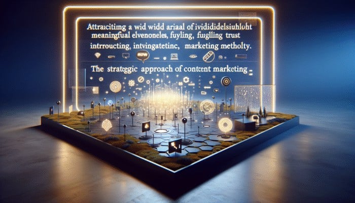 A digital landscape illustrating content marketing's strategy of attracting and retaining an audience through valuable content, contrasting with traditional marketing.