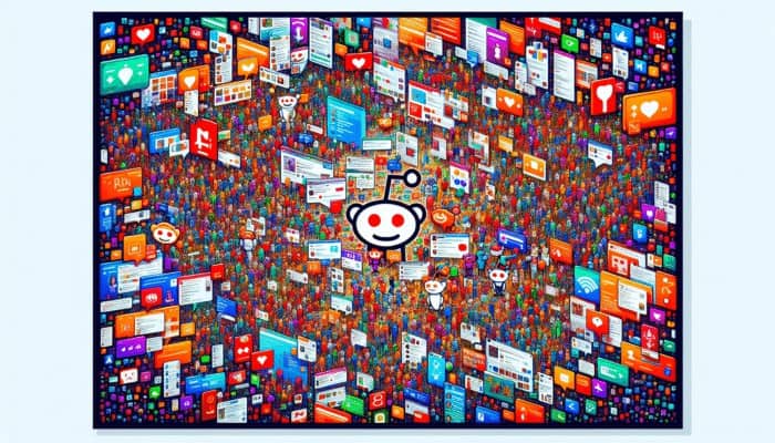 Engage in Local Reddit Communities for SEO: A colorful collage representing Reddit's diverse subreddits and user interactions.