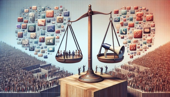 A scale balancing a megaphone and people talking, symbolizing Reddit's promotion and interaction balance.