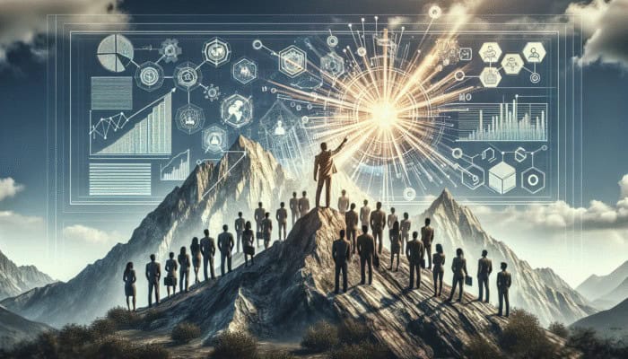 Use Thought Leadership for E-E-A-T Signals: A visionary leader on a mountain guides a crowd with a glowing map, symbolizing thought leadership.