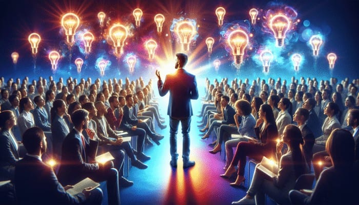 A speaker engaging a diverse audience on a vibrant stage with floating light bulbs symbolizing innovation.