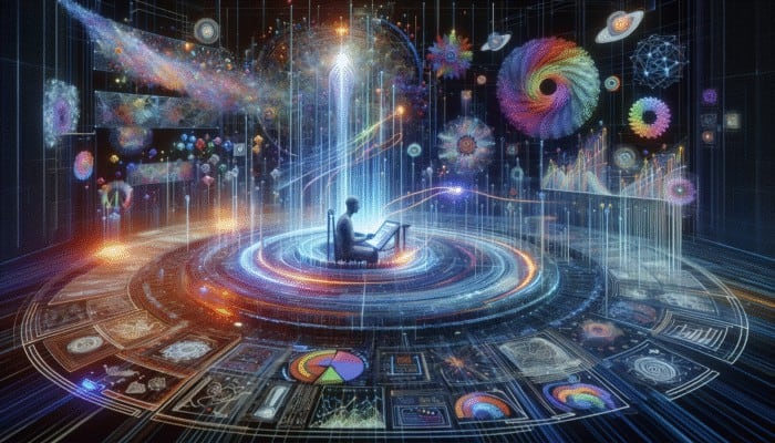 A thought leader customizing content on a digital interface, surrounded by audience feedback and data visualizations, with tailored articles and graphics emerging.