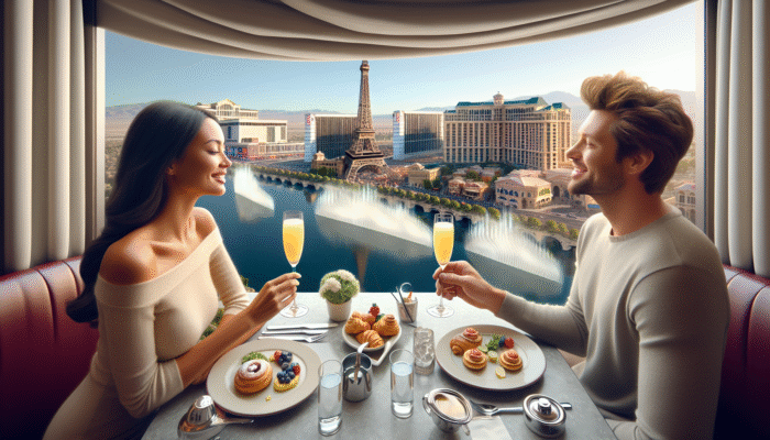 Couple enjoying a romantic brunch with mimosas and French pastries at the Eiffel Tower Restaurant, overlooking the Bellagio fountains.