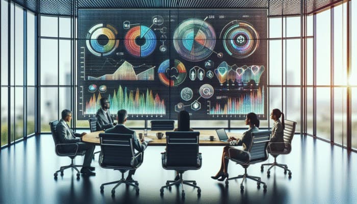 A digital dashboard showing SEO metrics with graphs in a corporate meeting room.