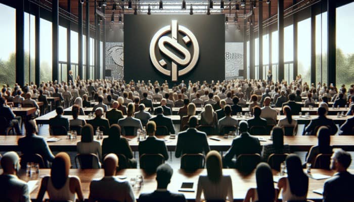 A brand logo at a prestigious event with diverse, engaged attendees, symbolizing enhanced credibility through sponsorship.