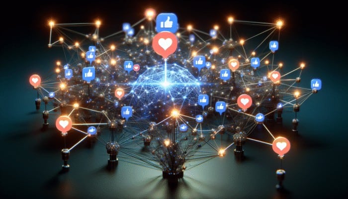 Leverage Social Media for Off-Page Signals: A digital landscape with interconnected nodes representing social media platforms influencing a central search engine algorithm.
