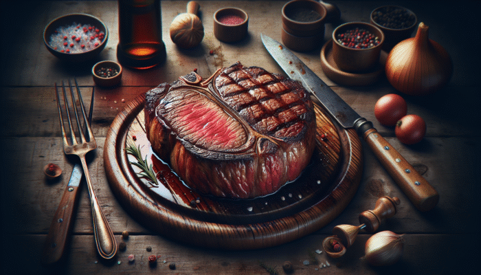 Expertly mastering the Reverse Sear for perfect steaks: A succulent steak revealing a pink center and caramelized crust on rustic wooden table with dining utensils.