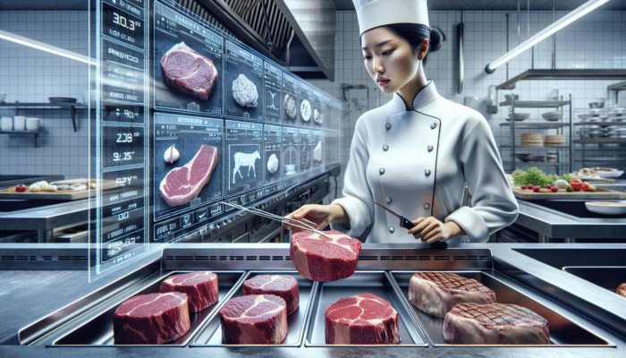 A chef selecting a thick, marbled ribeye steak for reverse searing in a modern kitchen setting.
