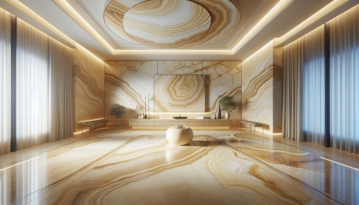 Elegant travertine tiles showcasing soft cream to rich golden beige hues along with unique vein patterns in a sophisticated interior.