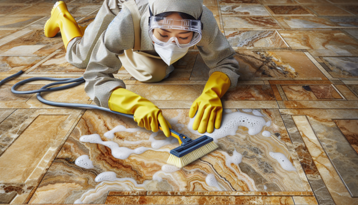 A close-up of well-maintained travertine tiles, highlighting a person using cleaning tools, emphasizing the essential nature of regular care.