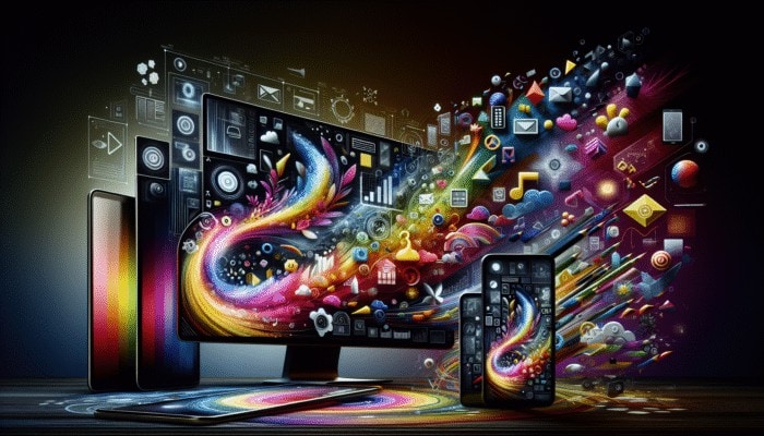 Responsive Design for Mobile SEO: A vibrant digital interface transforming across devices, enhancing user engagement and symbolizing growth.