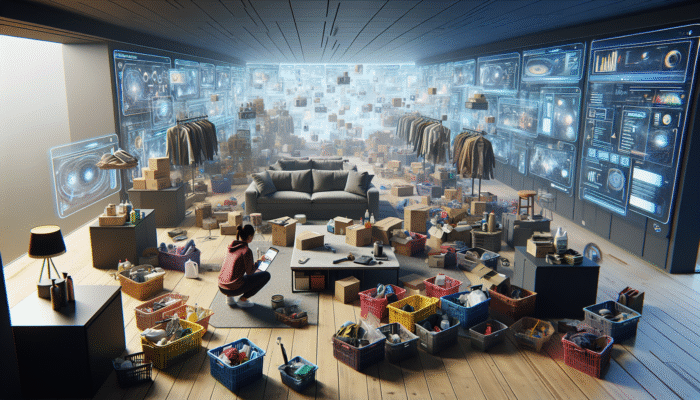 Individual organizing and packing items into labeled boxes in a cluttered living room for house clearance purposes.