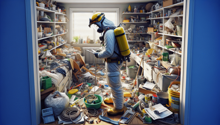 Individual in safety gear navigating a cluttered house, assessing risks for safe clearance.