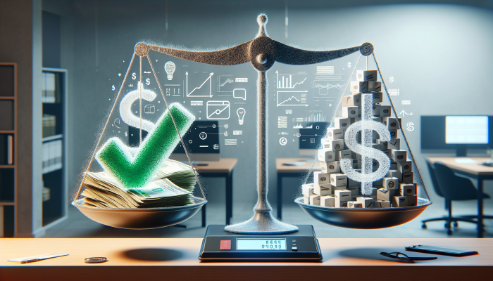 Debt Consolidation Loan Income Criteria: A Comprehensive Guide | DCL A balance scale juxtaposing bills against a paycheck, with a green checkmark highlighting the lower debt side, in a financial office.