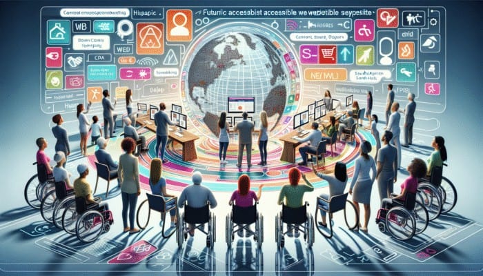 A diverse group navigating an accessible, futuristic website with clear layout and keyboard shortcuts.