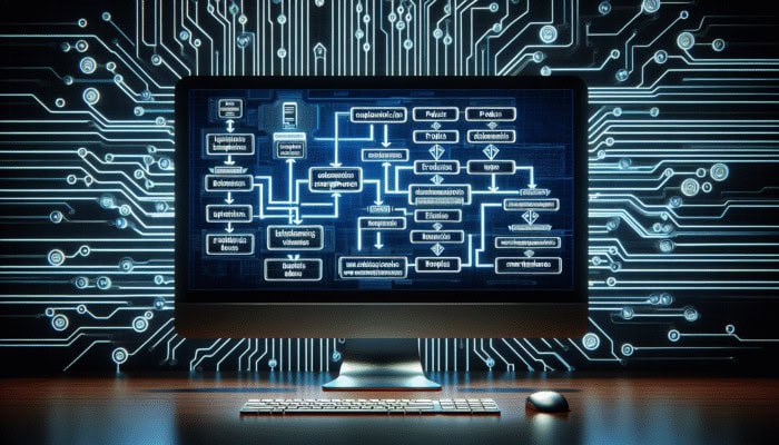 A computer screen showing a clear URL structure example, enhancing user experience and SEO, with digital circuitry background.