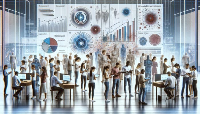 Use Local Influencers for Brand Awareness: A diverse group using digital devices amidst floating demographic data and analytics graphs in a modern tech environment.