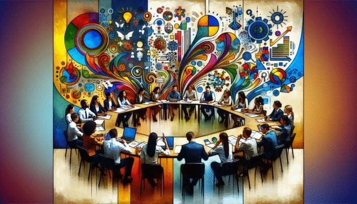 Team brainstorming campaign strategies with charts, graphs, and digital screens showing data and ideas.