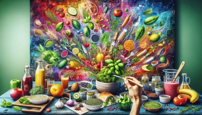 Colorful kitchen scene featuring herbs like basil, rosemary, and thyme enhancing meals, smoothies, and teas.