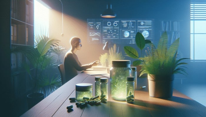 Individual taking ginseng, rosemary, and peppermint capsules in a serene, plant-filled workspace.