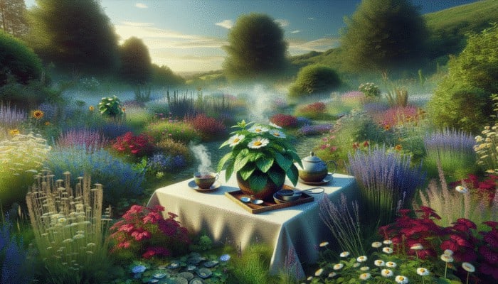 A picturesque UK countryside garden showcasing chamomile, peppermint, and lavender enhancing a traditional British tea set.