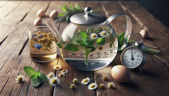 Herbs steeping in glass teapots with timers on a wooden table, enhancing the flavours of the tea.