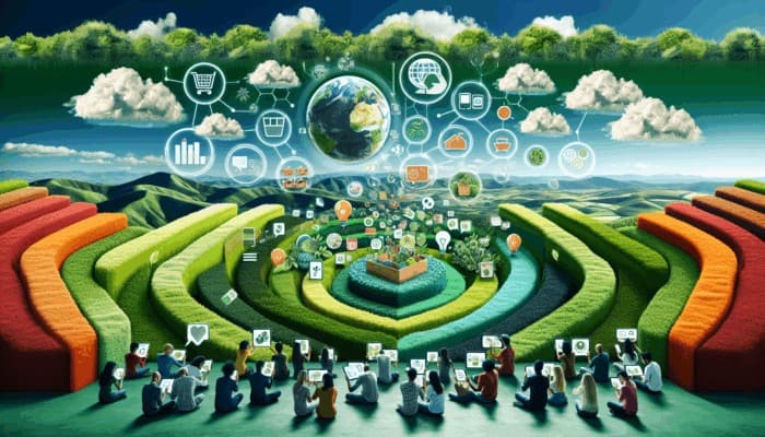 Infographic on sustainable living trends, zero-waste tips, and eco-friendly product reviews, showcasing diverse consumers using digital devices.