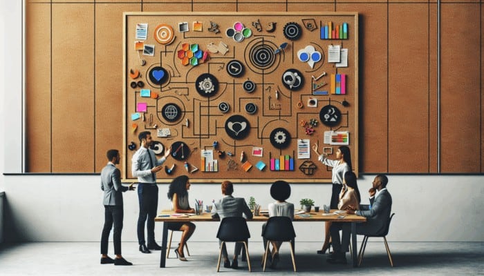 A creative workspace showcasing a planning board and team members discussing strategies for video content.