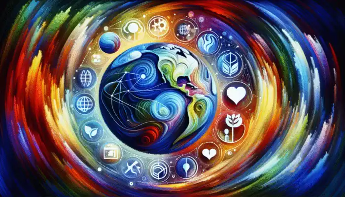 A vibrant digital art piece with a globe and diverse trending topics connected by universal strategies, in a modern, abstract style.